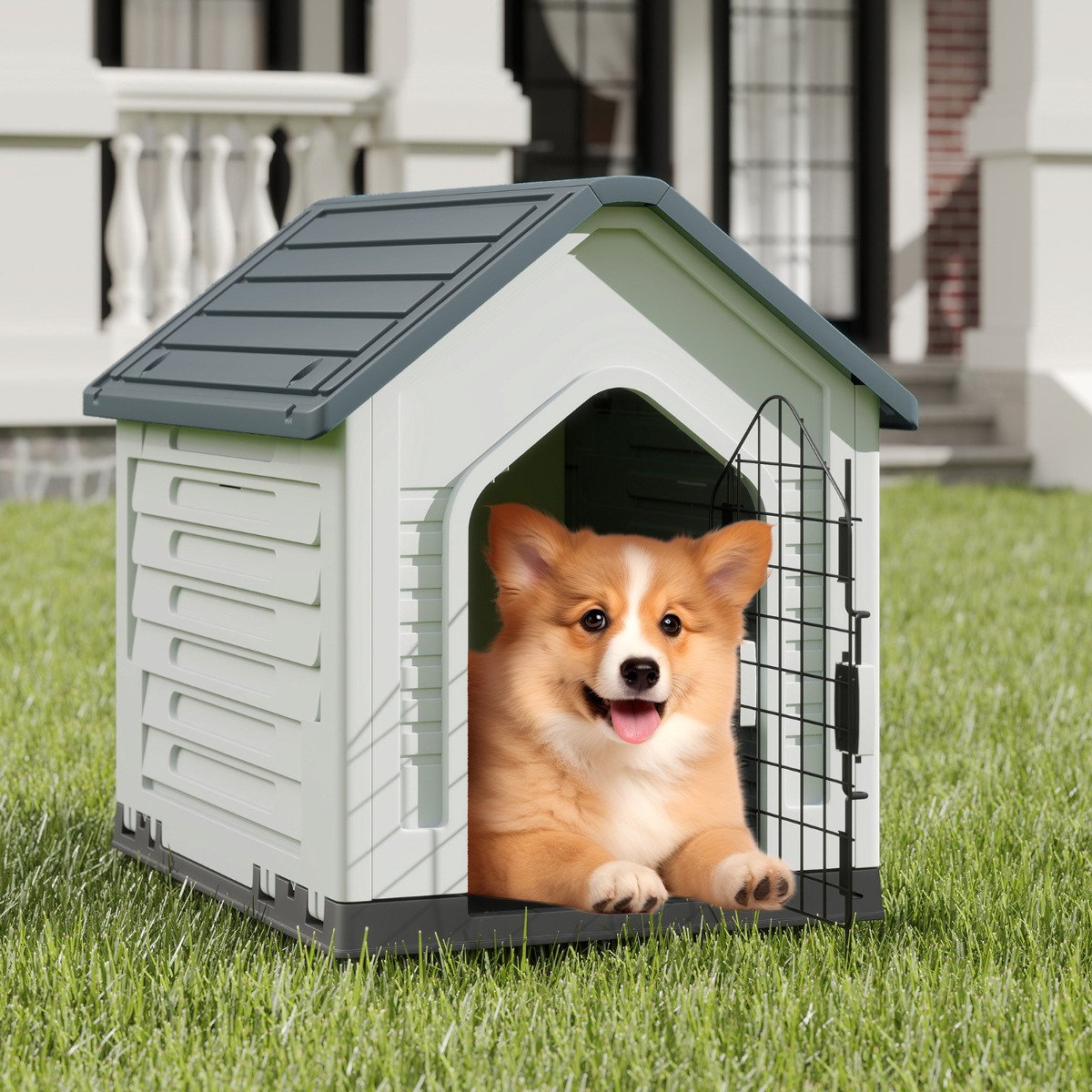 Plastic Dog House with Metal Lockable Door and Air Vents-Grey