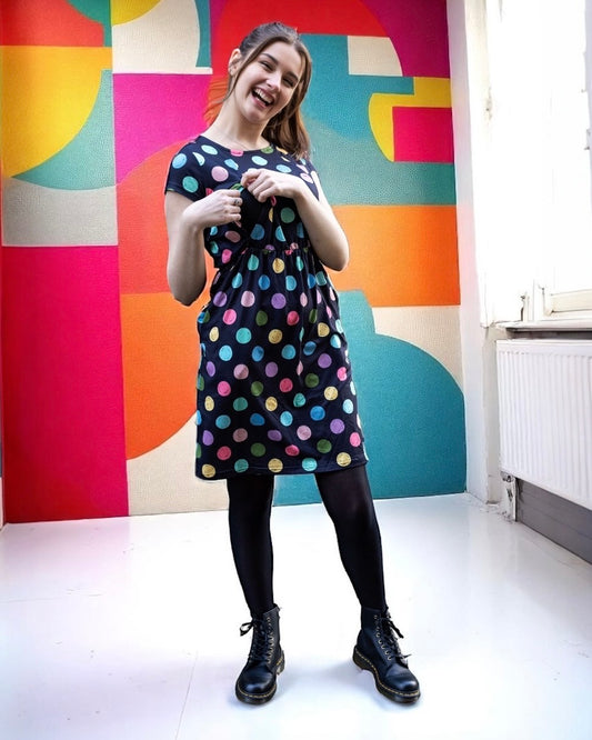 Polka Dot Breastfeeding Dress | Knee Length Nursing Dress with Zip Access