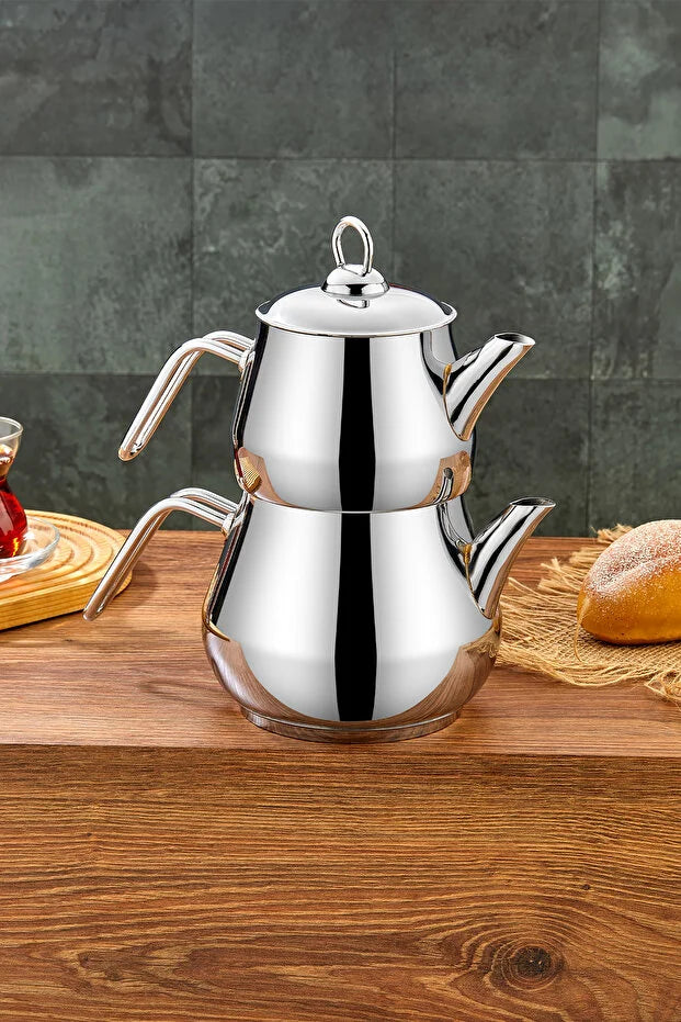 Premium Stainless Steel Medium Size Turkish Teapot Set with Silver Handles