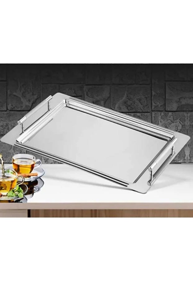 Premium Stainless Steel Rectangular Serving Tray with Modern Cylindrical Handles