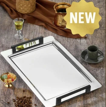 Premium Stainless Steel Serving Tray with Rectangular Black Handles