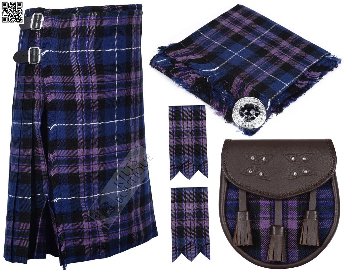 Pride Of Scotland Tartan Traditional Scottish Men's Kilt Outfit , Sporran , Flashes ,Fly plaid & Brooch