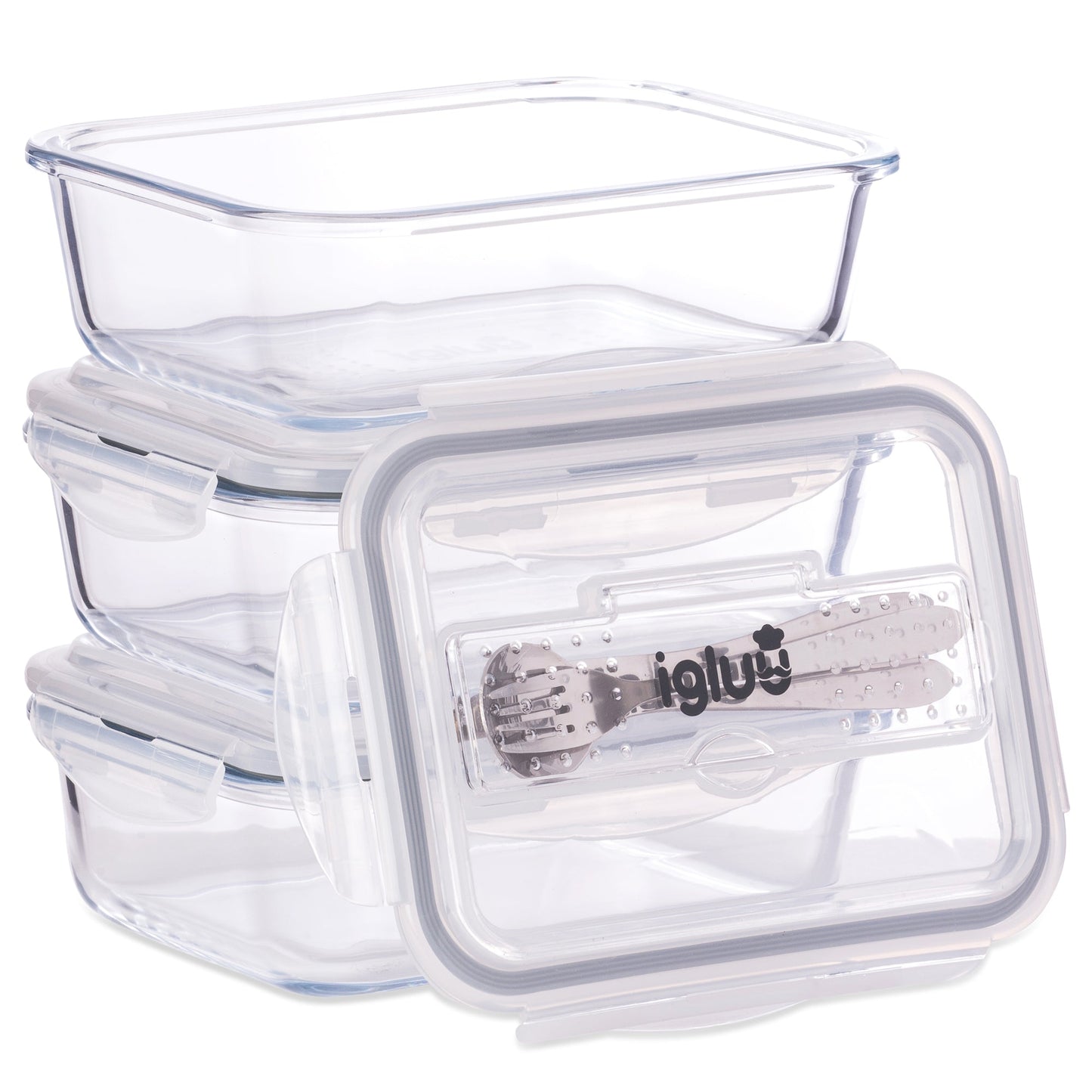 Glass Meal Prep Containers with Cutlery Lid | 1050ml | Set of 3