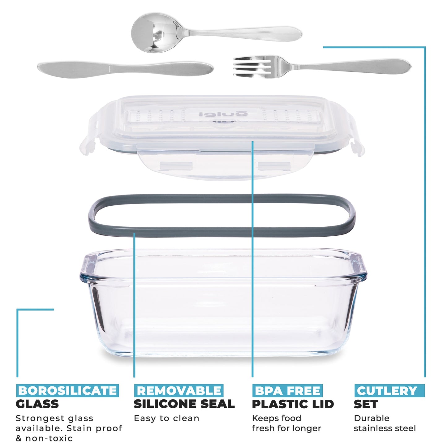 Glass Meal Prep Containers with Cutlery Lid | 1050ml | Set of 3