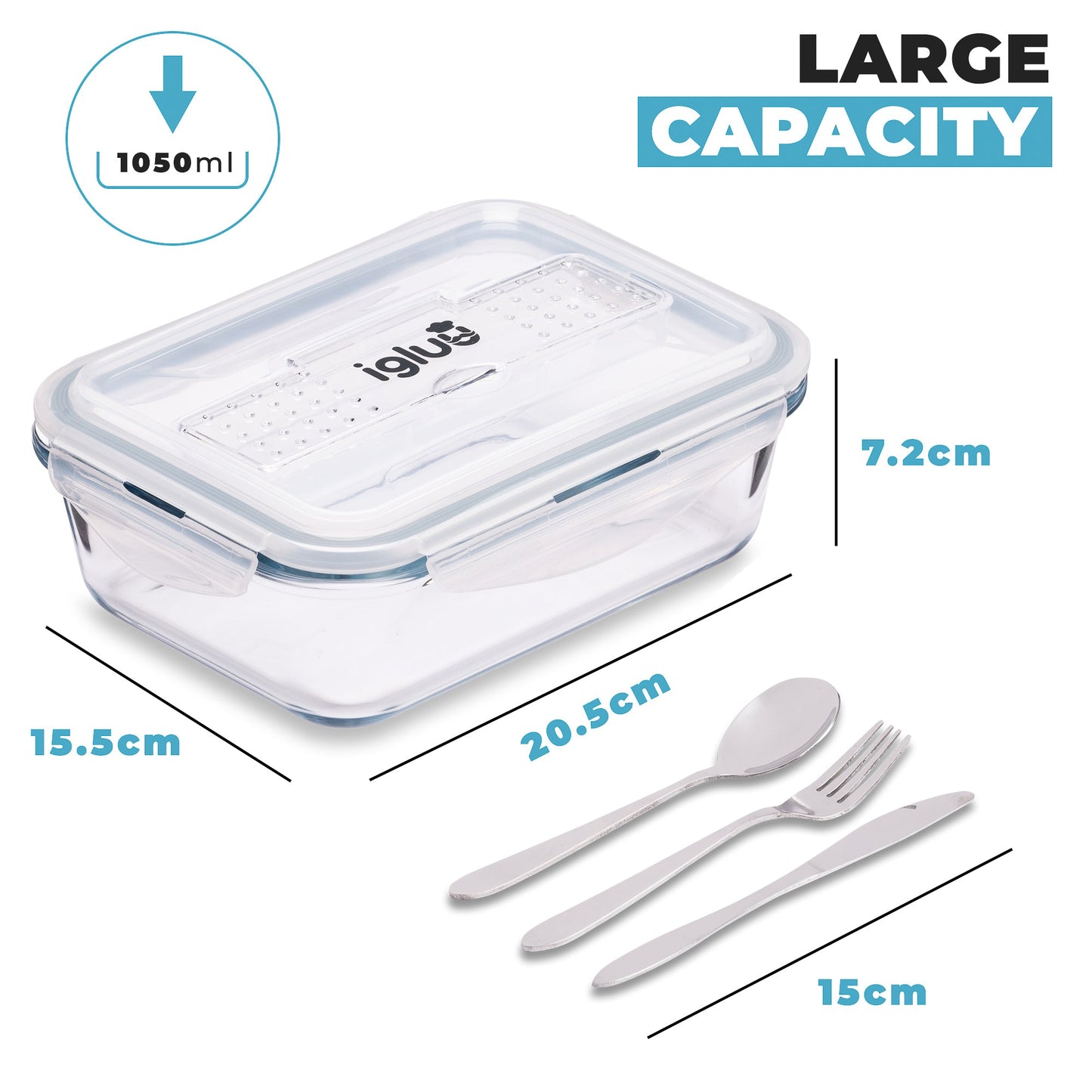 Glass Meal Prep Containers with Cutlery Lid | 1050ml | Set of 3