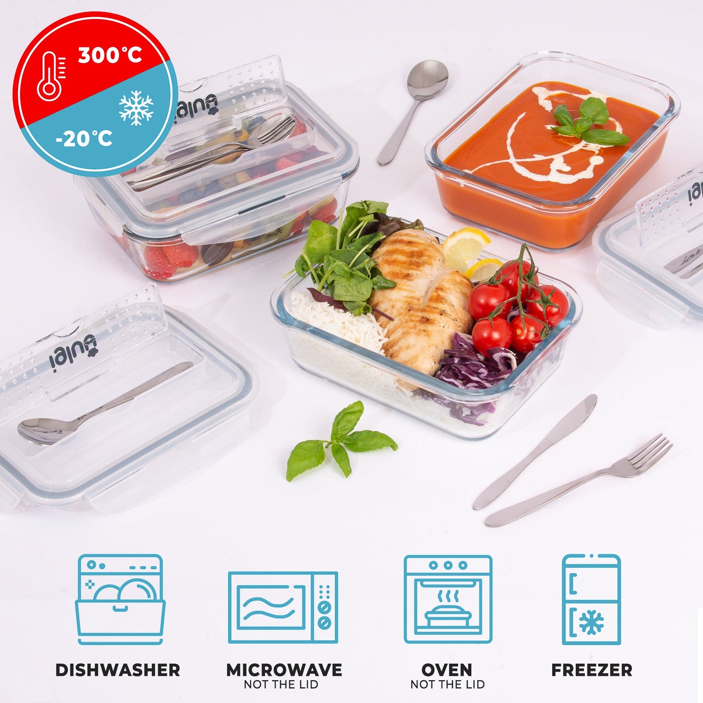 Glass Meal Prep Containers with Cutlery Lid | 1050ml | Set of 3