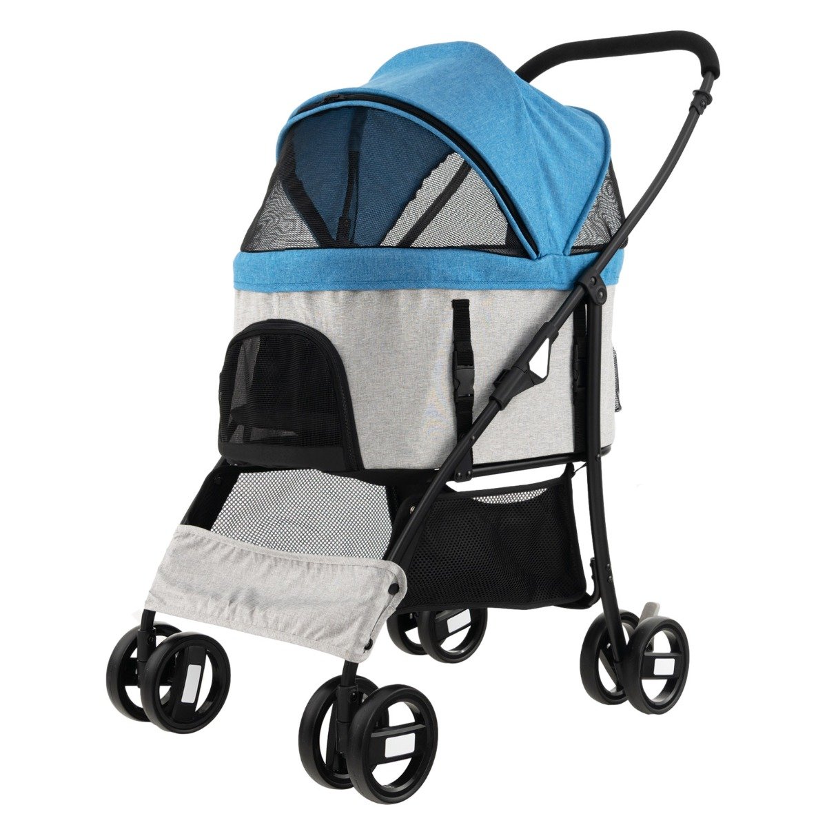 Foldable Pet Stroller with 4-Level Adjustable Canopy and Storage Basket-Black
