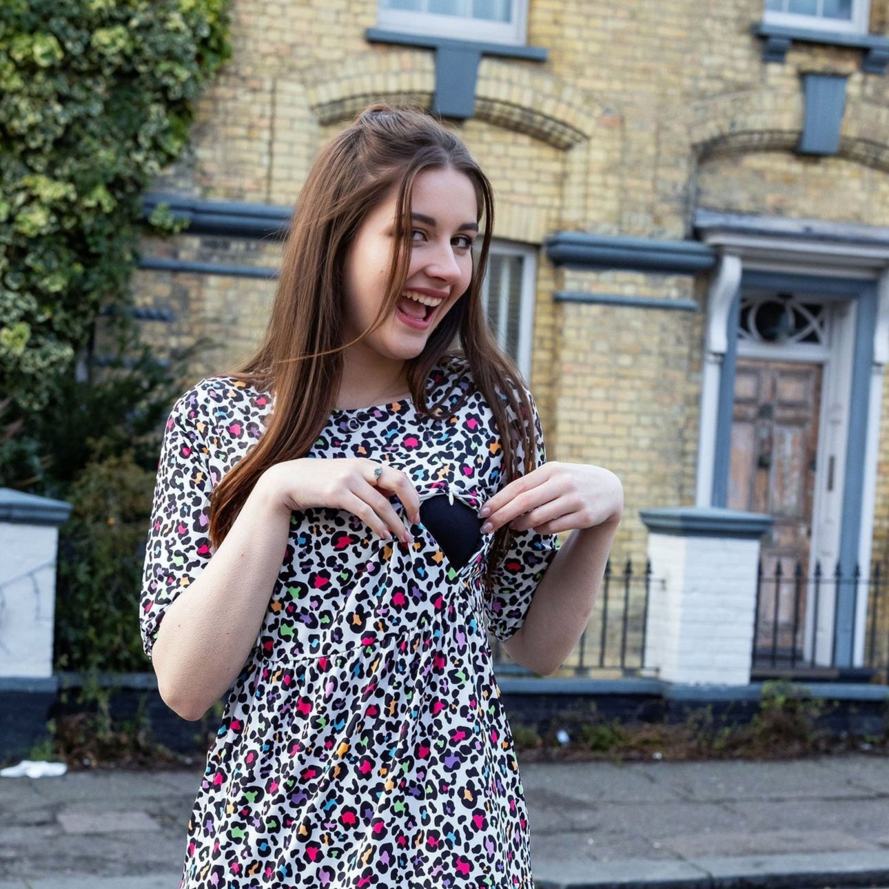 The Midi Breastfeeding Dress – Rainbow Leopard