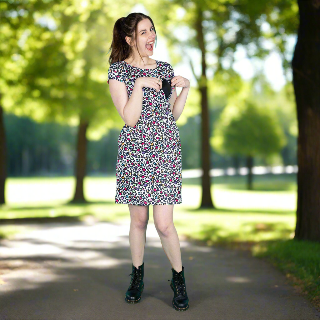 Rainbow Leopard Print Breastfeeding Dress - Knee Length Nursing Dress