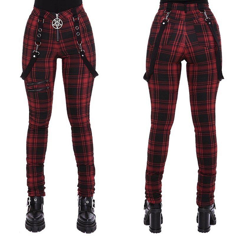 Red Gothic Pants Women Fashion High Waist Zipper Plaid Punk Style Pants Streetwear fashion Casual Ladies Trousers