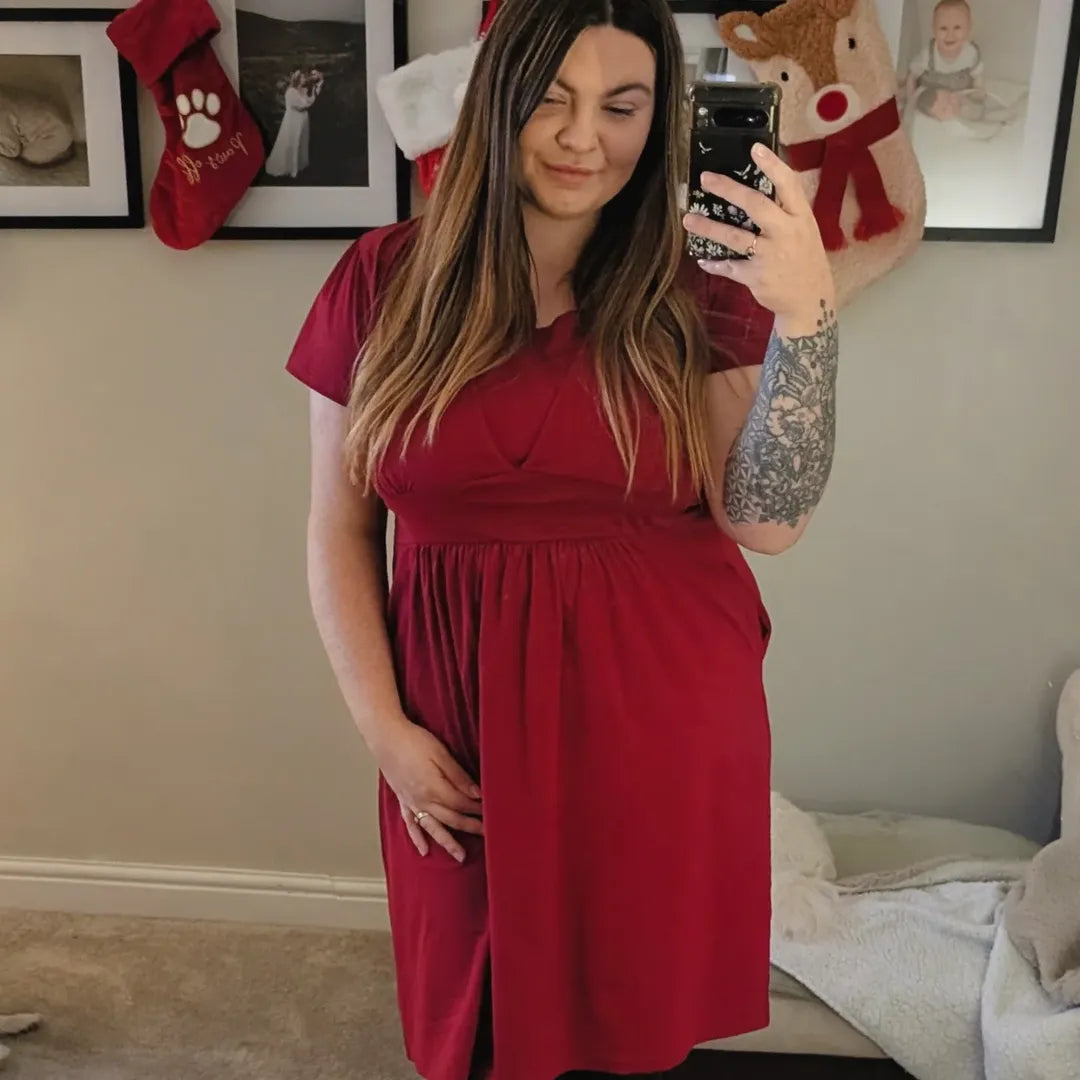 Burgundy Cotton Breastfeeding Dress - Soft Nursing Dress with Hidden Panels