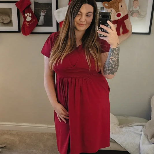 Burgundy Cotton Breastfeeding Dress - Soft Nursing Dress with Hidden Panels