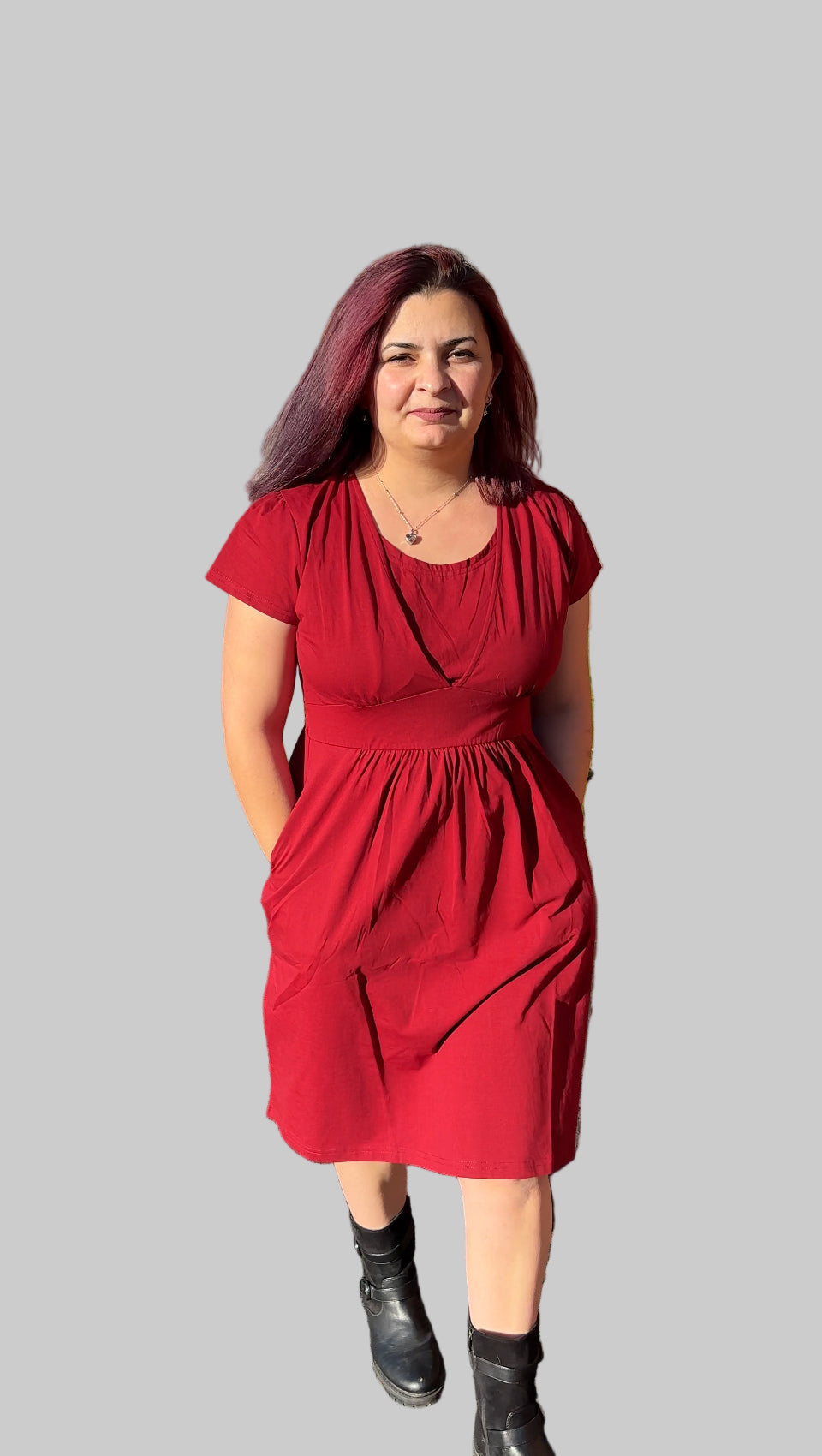 Burgundy Cotton Breastfeeding Dress - Soft Nursing Dress with Hidden Panels