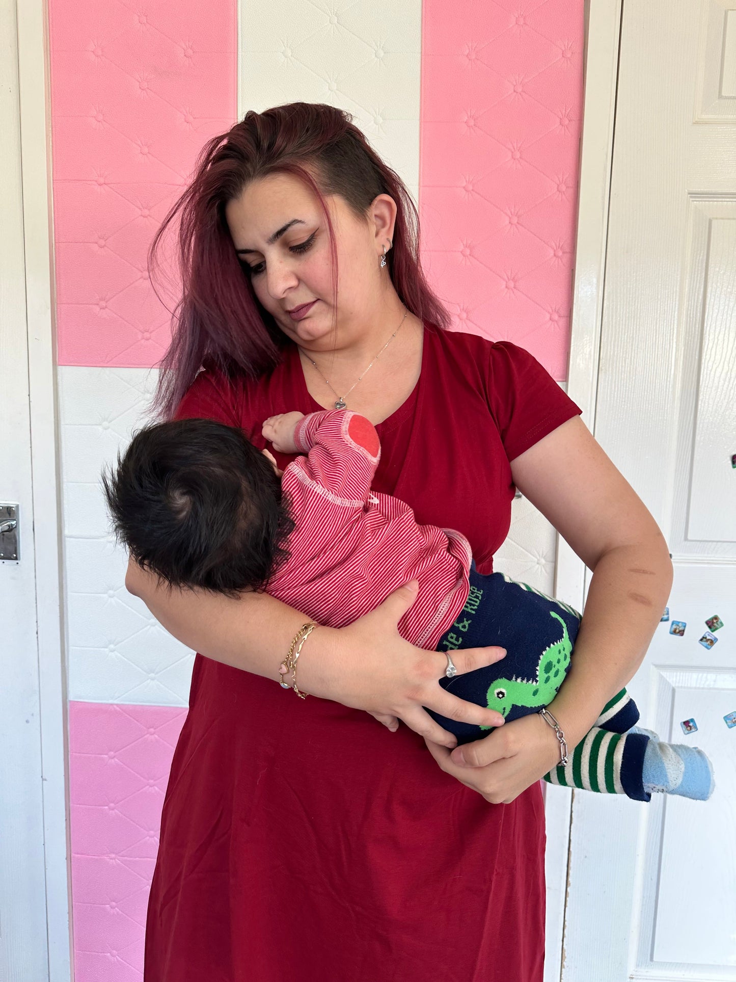 Burgundy Cotton Breastfeeding Dress - Soft Nursing Dress with Hidden Panels