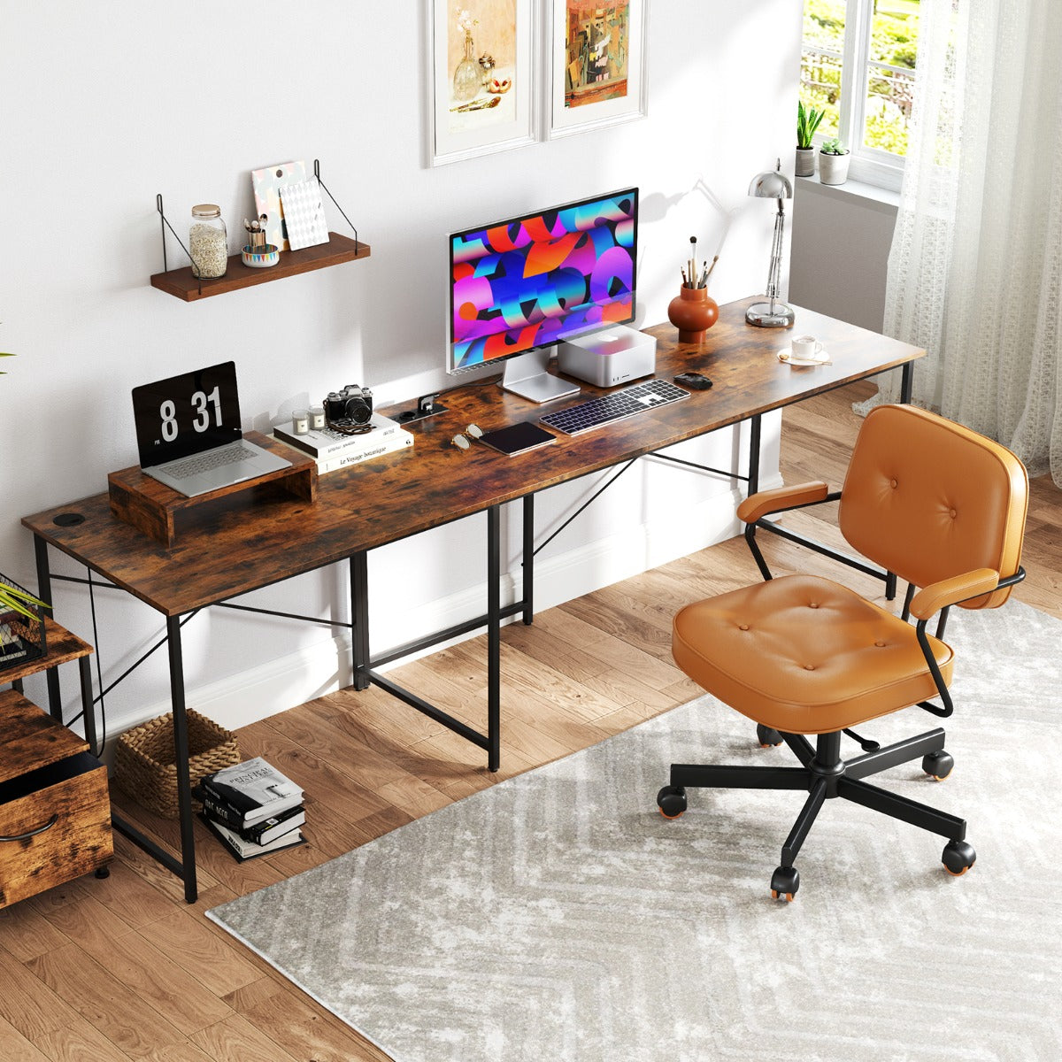Reversible L-Shaped Desk with Built-in Power Strip and Removable Host Stand-Brown