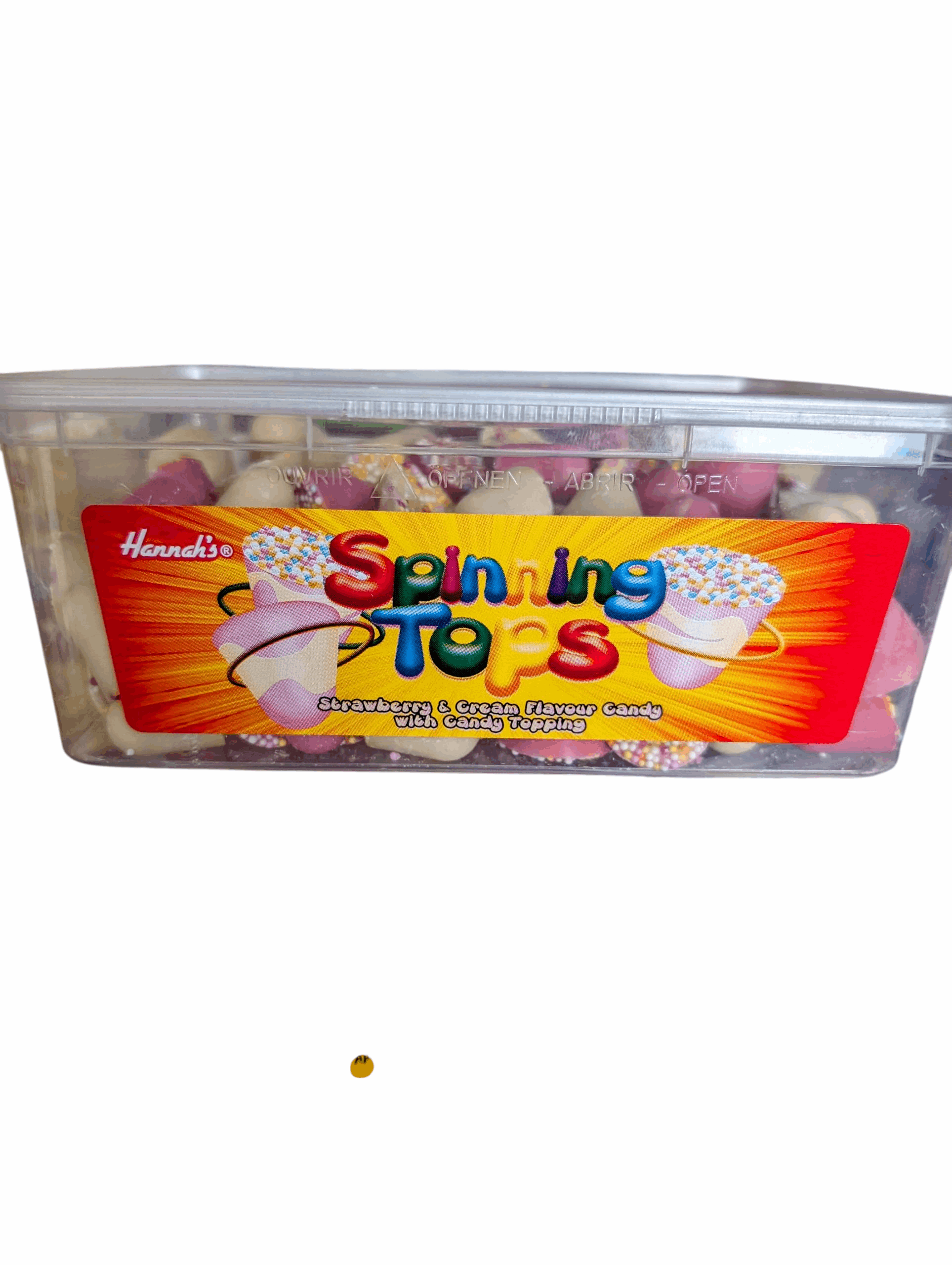 Container of Spinning Tops candy with colorful label on a white background