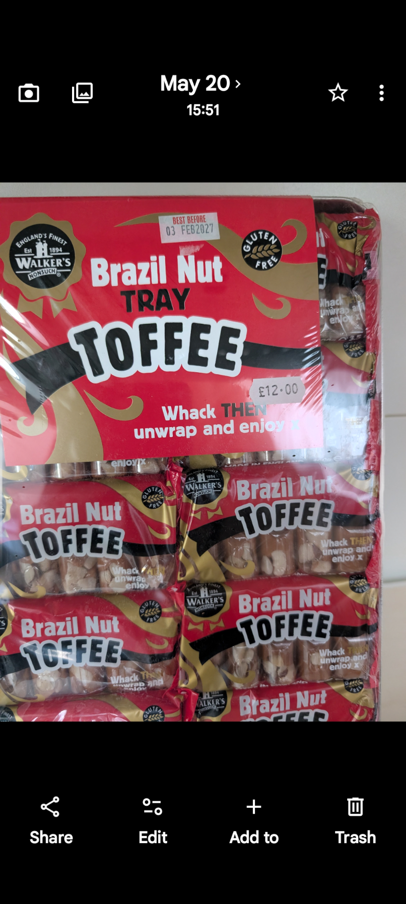 Walker's Nonsuch Brazil Nut Toffee Tray | Classic Crunchy Toffee Sweets