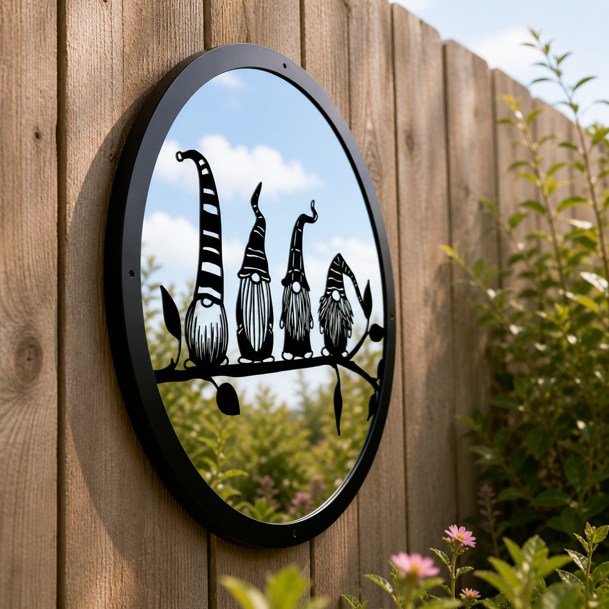 Four Friendly Gonks Garden Mirror