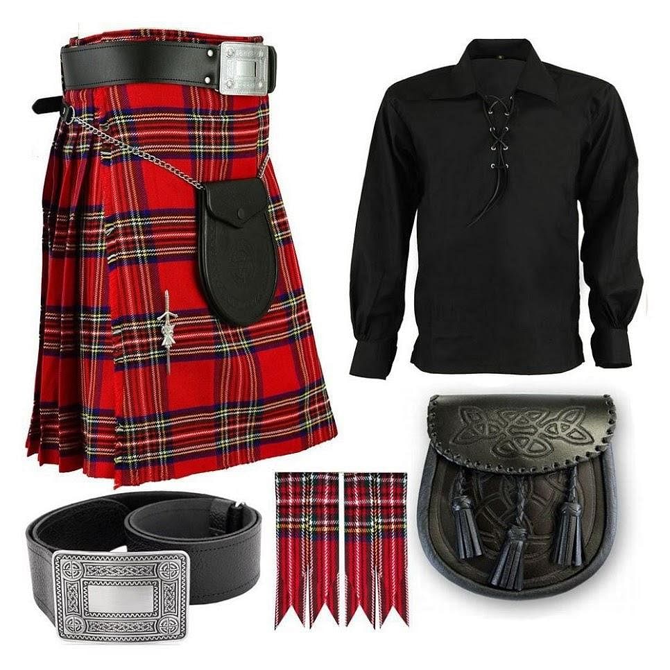 Royal Stewart Scottish Men's Kilt Outfit Jacobite Shirt Pin, Buckle, Belt, Sporran
