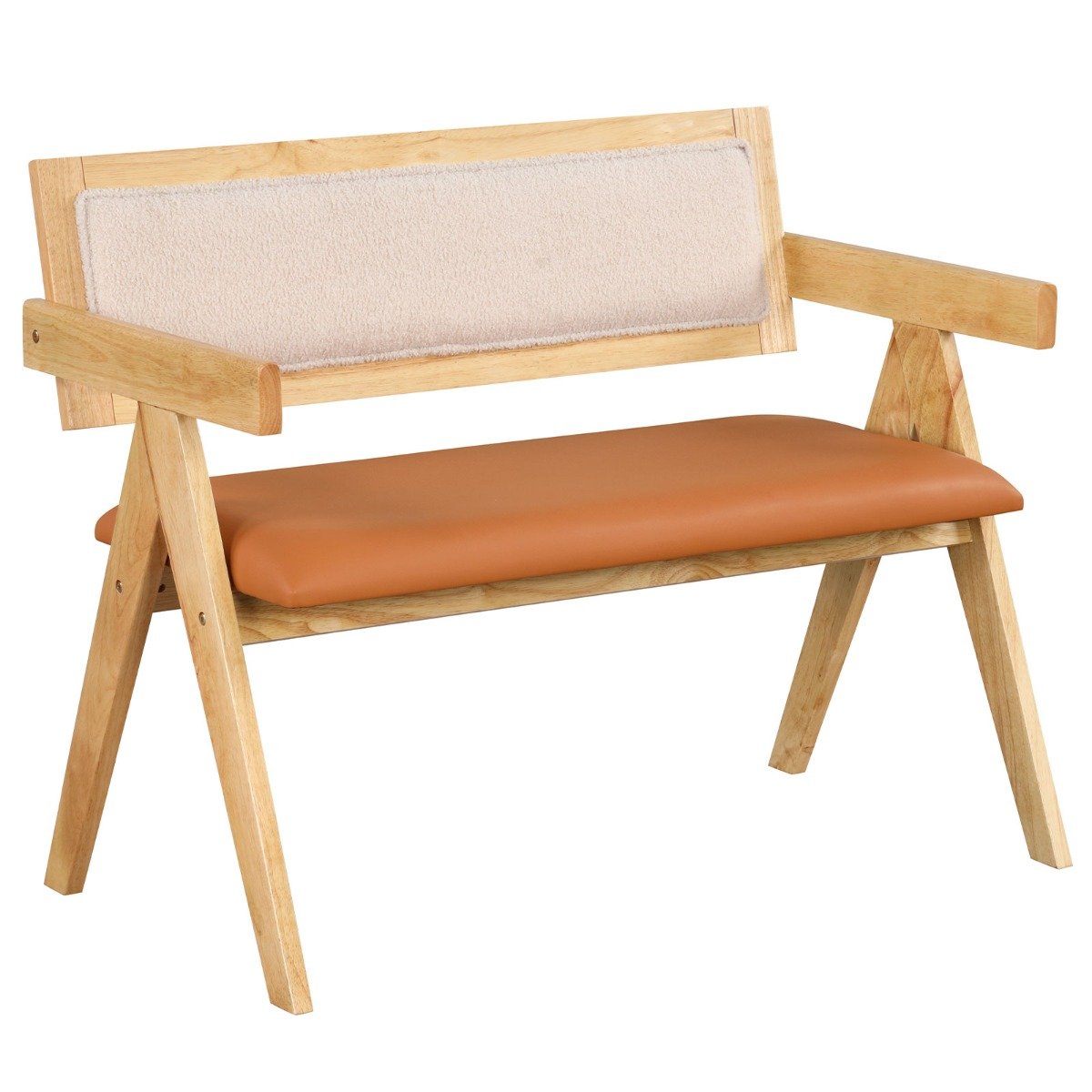 Rubber Wood Dining Bench with Armrest and Sherpa Upholstered Backrest-Natural
