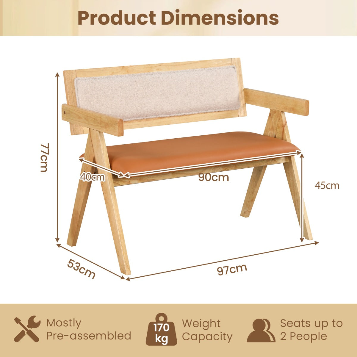 Rubber Wood Dining Bench with Armrest and Sherpa Upholstered Backrest-Natural