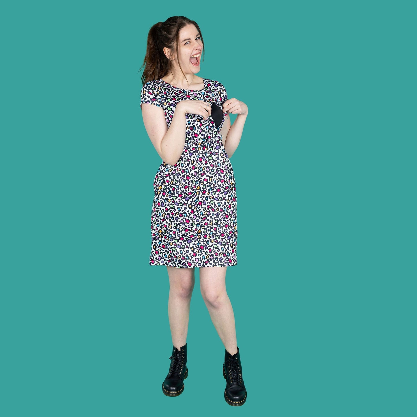 Rainbow Leopard Print Breastfeeding Dress - Knee Length Nursing Dress