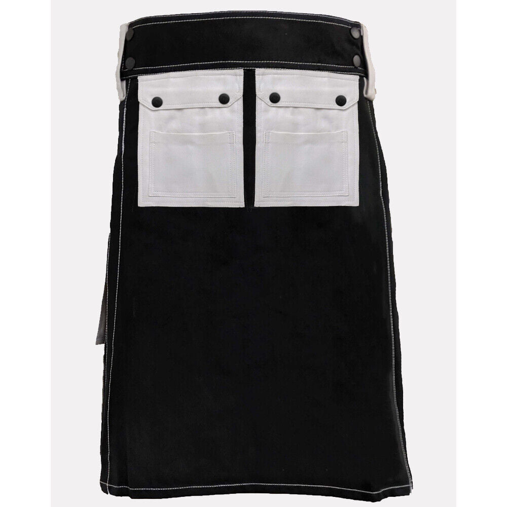 Black & White Utility Work Kilt for Men | Multi-Pocket Cotton Drill