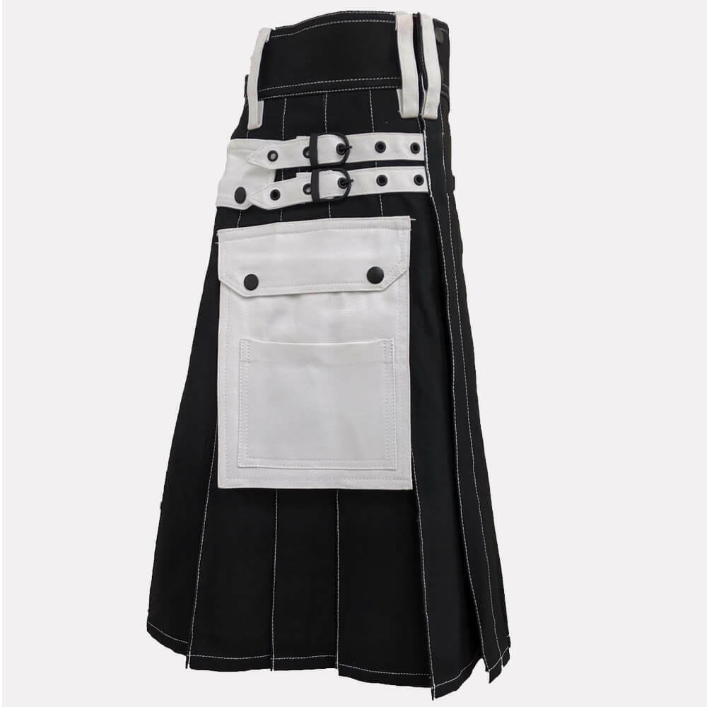 Black & White Utility Work Kilt for Men | Multi-Pocket Cotton Drill