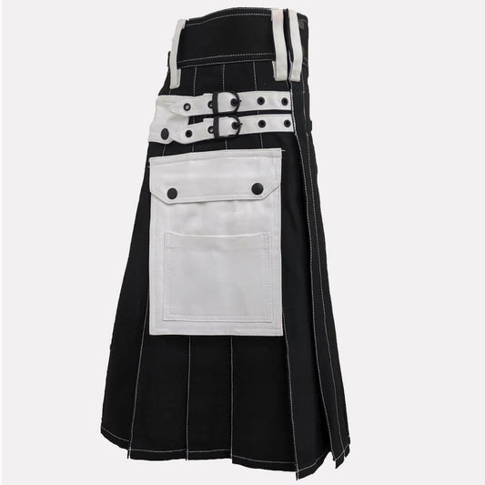 Black & White Utility Work Kilt for Men | Multi-Pocket Cotton Drill