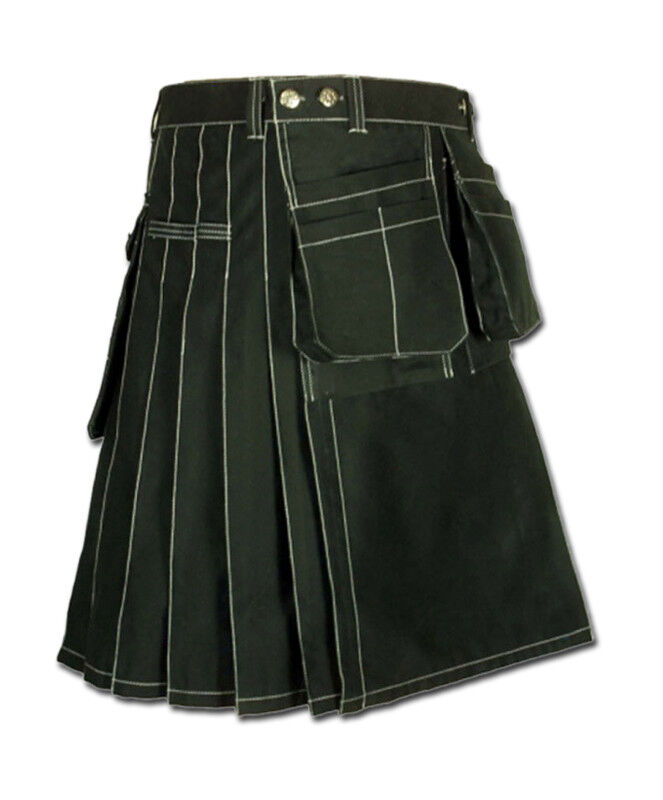 Black Utility Work Kilt for Men – Heavy Duty Cotton, Multi-Pocket