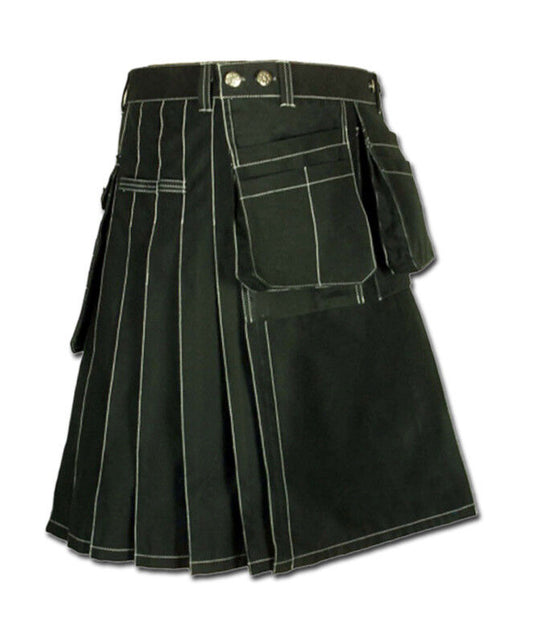 Black Utility Work Kilt for Men – Heavy Duty Cotton, Multi-Pocket