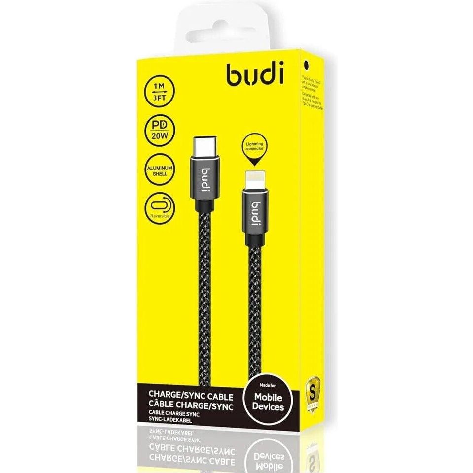 Budi 1M USB-C to Lightning Braided Cable | 20W PD Fast Charging | iPhone & iPad