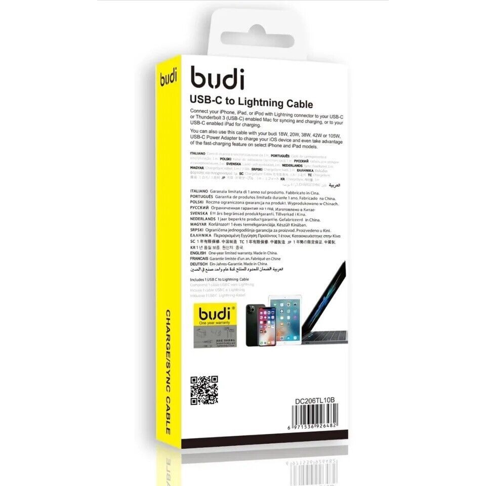 Budi 1M USB-C to Lightning Braided Cable | 20W PD Fast Charging | iPhone & iPad