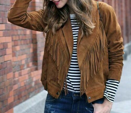 Women's Genuine Suede Leather Fringe Western Jacket – Brown
