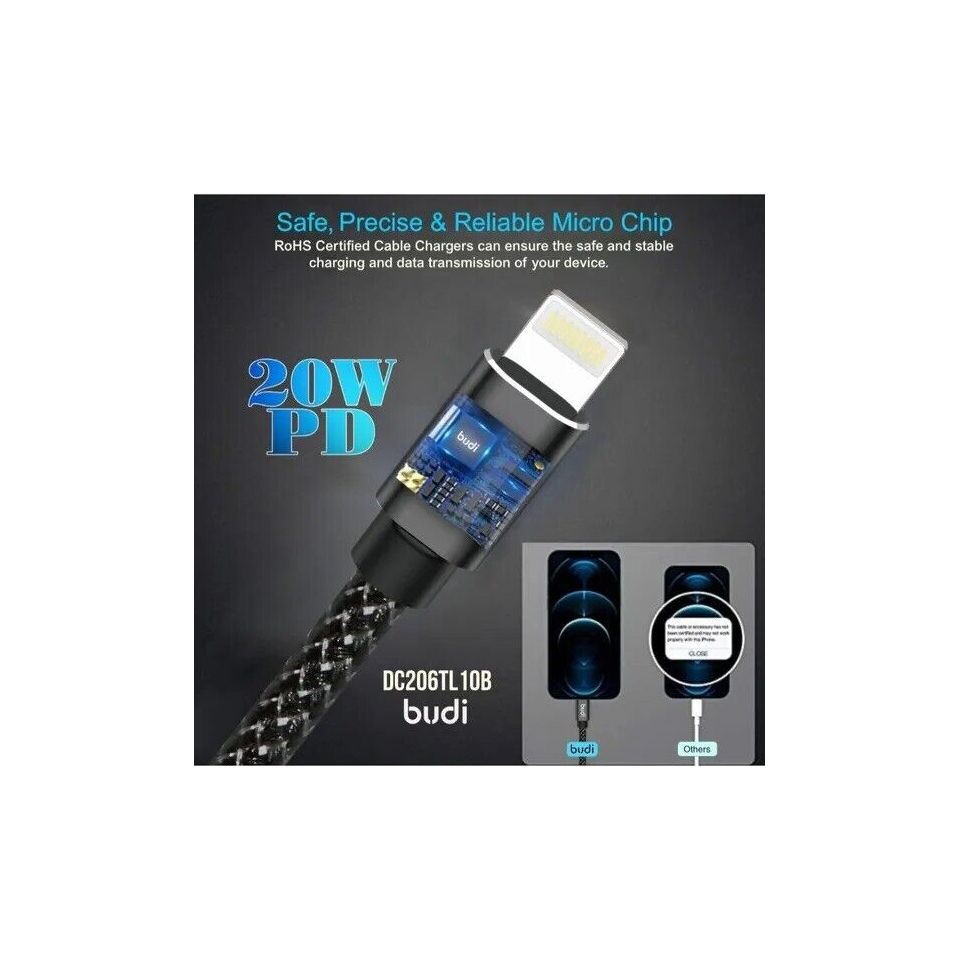 Budi 1M USB-C to Lightning Braided Cable | 20W PD Fast Charging | iPhone & iPad