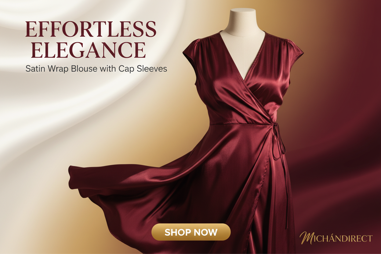 Women's Satin Wrap Blouse – Cap Sleeve Sculpted Silhouette Top