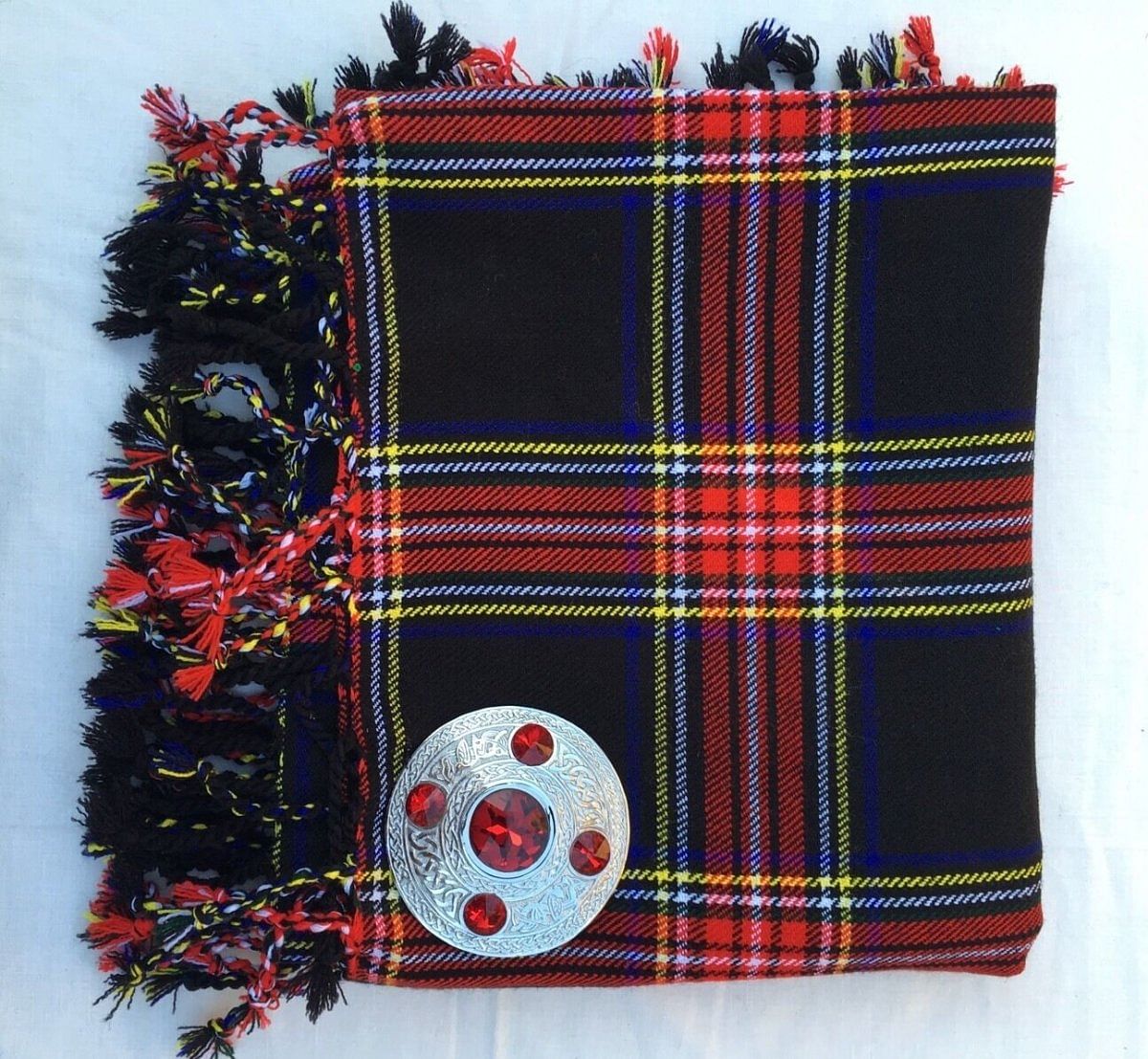 Scottish Kilt Fly Plaid Black Stewart Tartan 48" x 48"/Highland Fly Plaid brooch