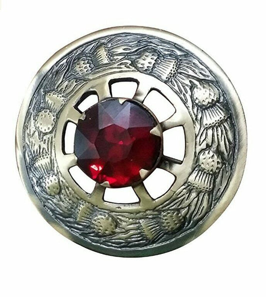 Scottish Thistle Fly Plaid Brooch | Red Stone Antique Brass Finish | 3" Diameter