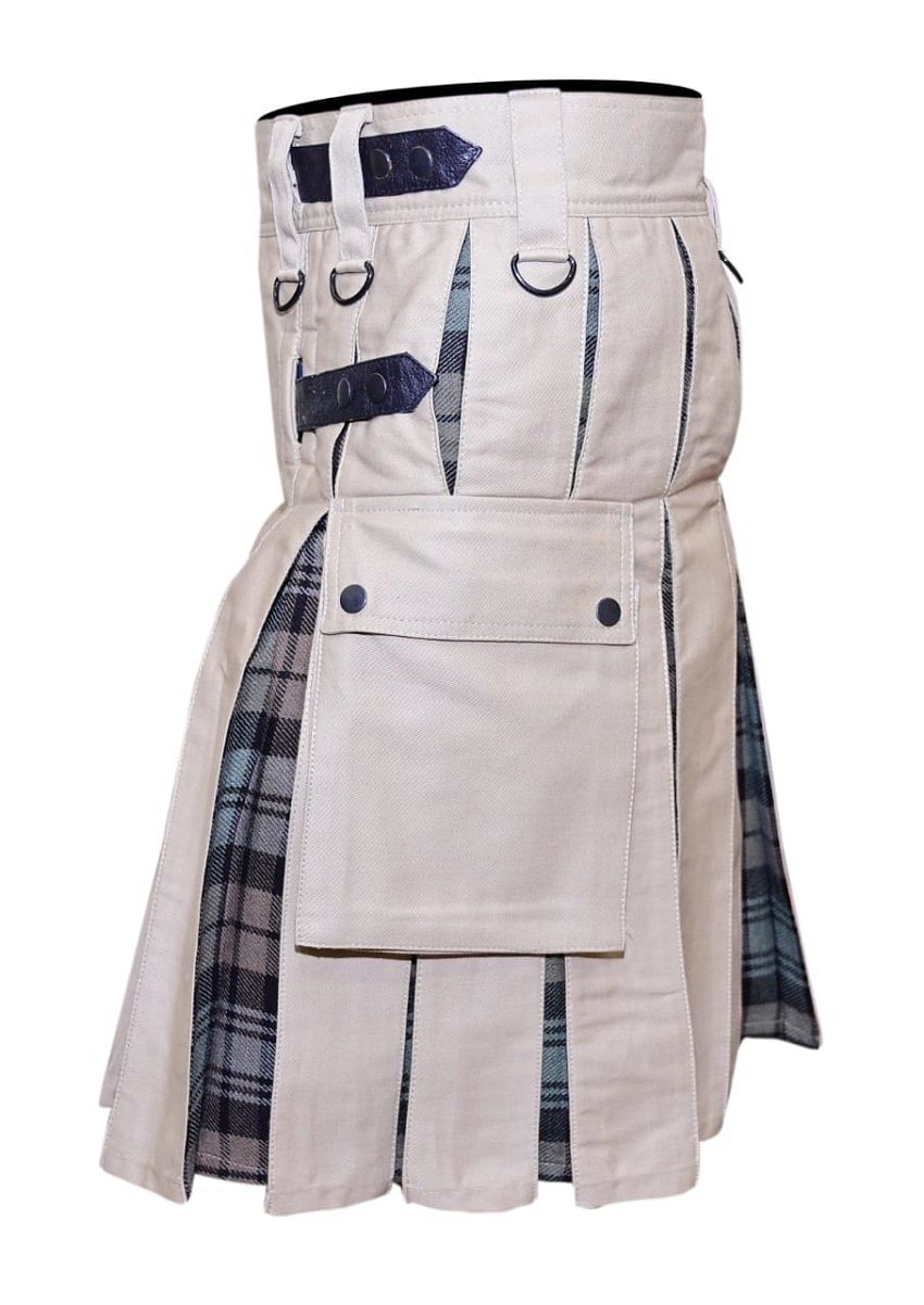 Scottish Men 100% Cotton Fashion Beige & Black Watch Weathered Tartan Hybrid Kilt Men