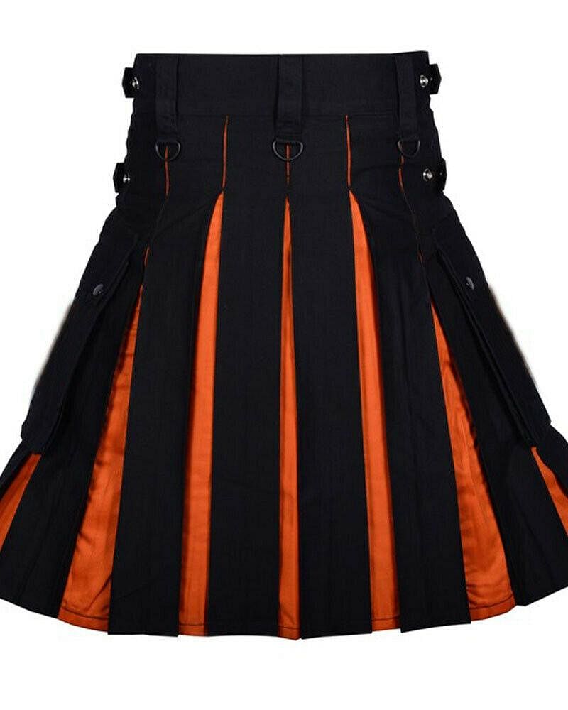 Scottish Men’s Black & Orange Hybrid Utility Kilt – Modern Fashion Pleated Kilt with Side Pockets & Adjustable Straps