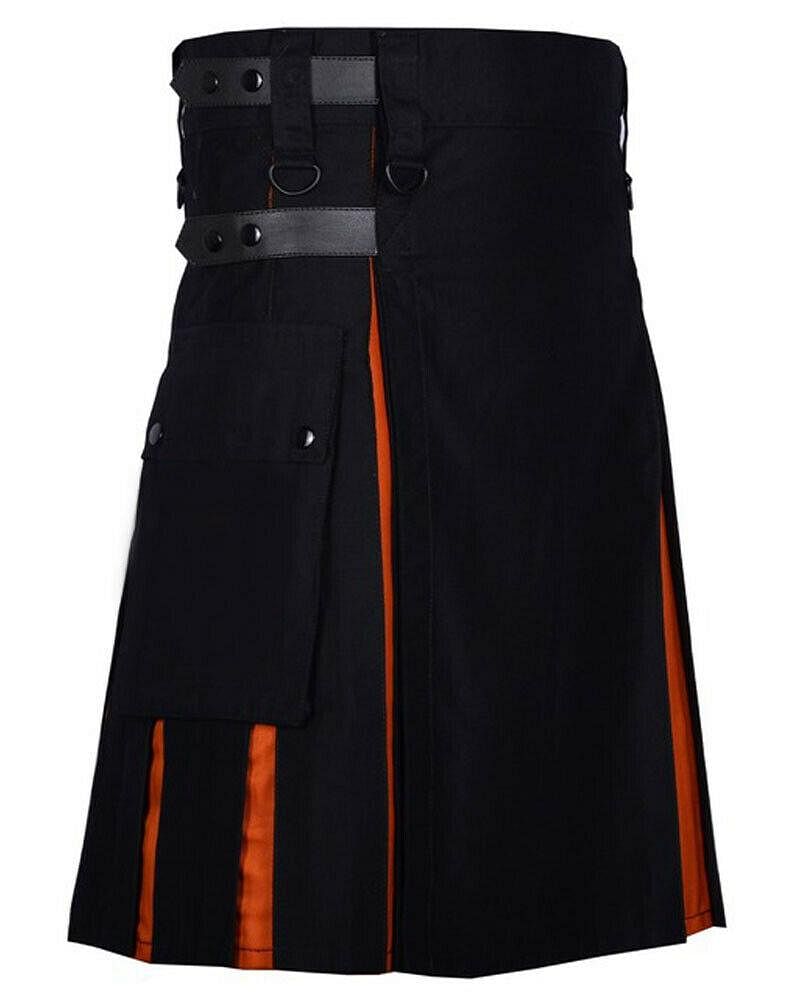 Scottish Men’s Black & Orange Hybrid Utility Kilt – Modern Fashion Pleated Kilt with Side Pockets & Adjustable Straps