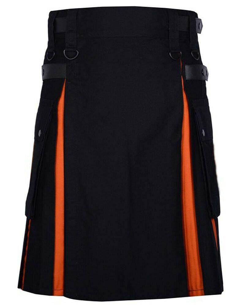Scottish Men’s Black & Orange Hybrid Utility Kilt – Modern Fashion Pleated Kilt with Side Pockets & Adjustable Straps