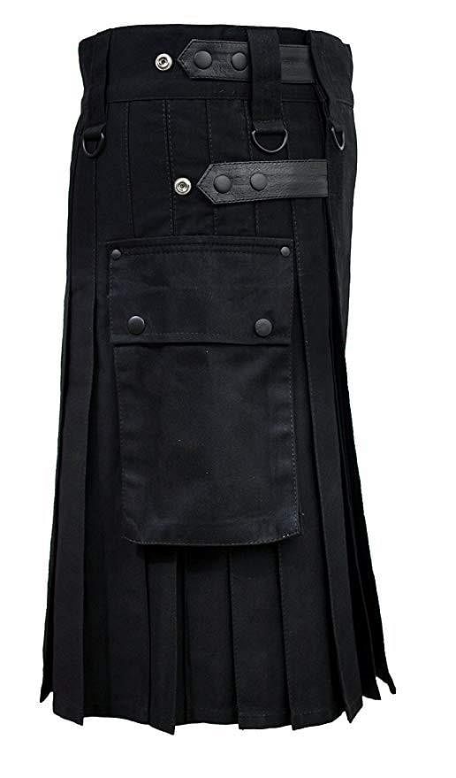 Scottish Men Utility Kilt Black Utility Kilt Leather Straps Fashion Active Sport Kilt