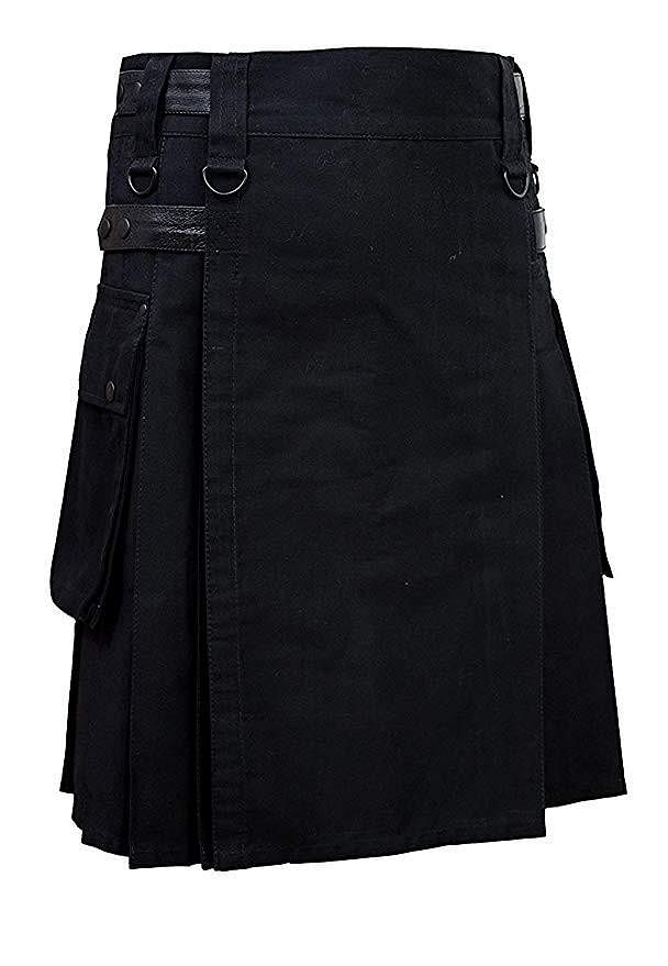 Scottish Men Utility Kilt Black Utility Kilt Leather Straps Fashion Active Sport Kilt