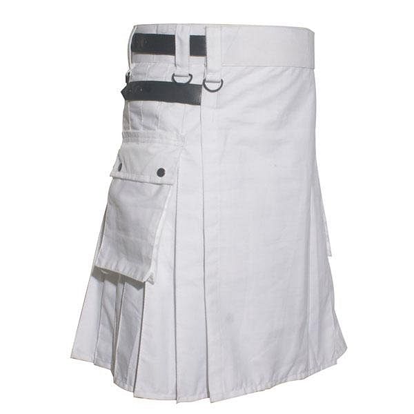 Scottish Men Utility Kilt White Utility Kilt Leather Straps Fashion Active Sport Kilt