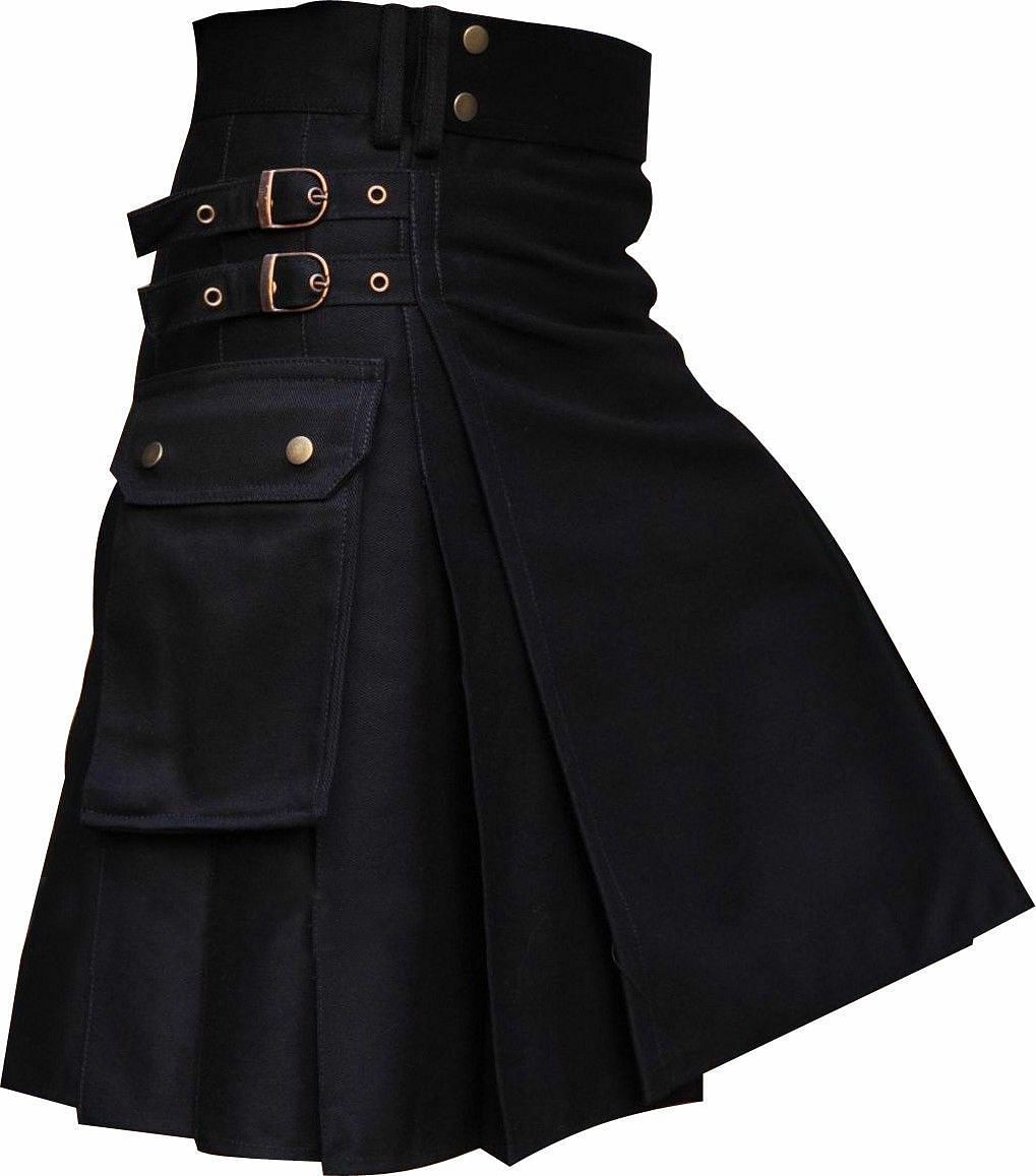 Scottish Men's Black Utility Kilt Black Cotton Fabric Wedding Kilt