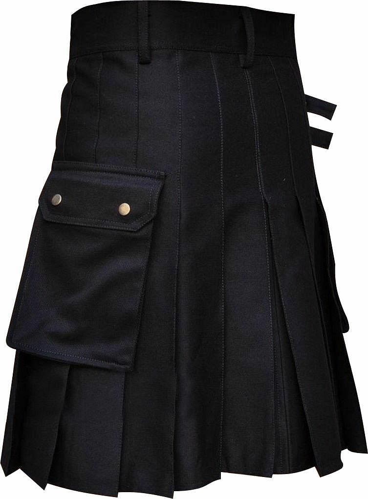Scottish Men's Black Utility Kilt Black Cotton Fabric Wedding Kilt