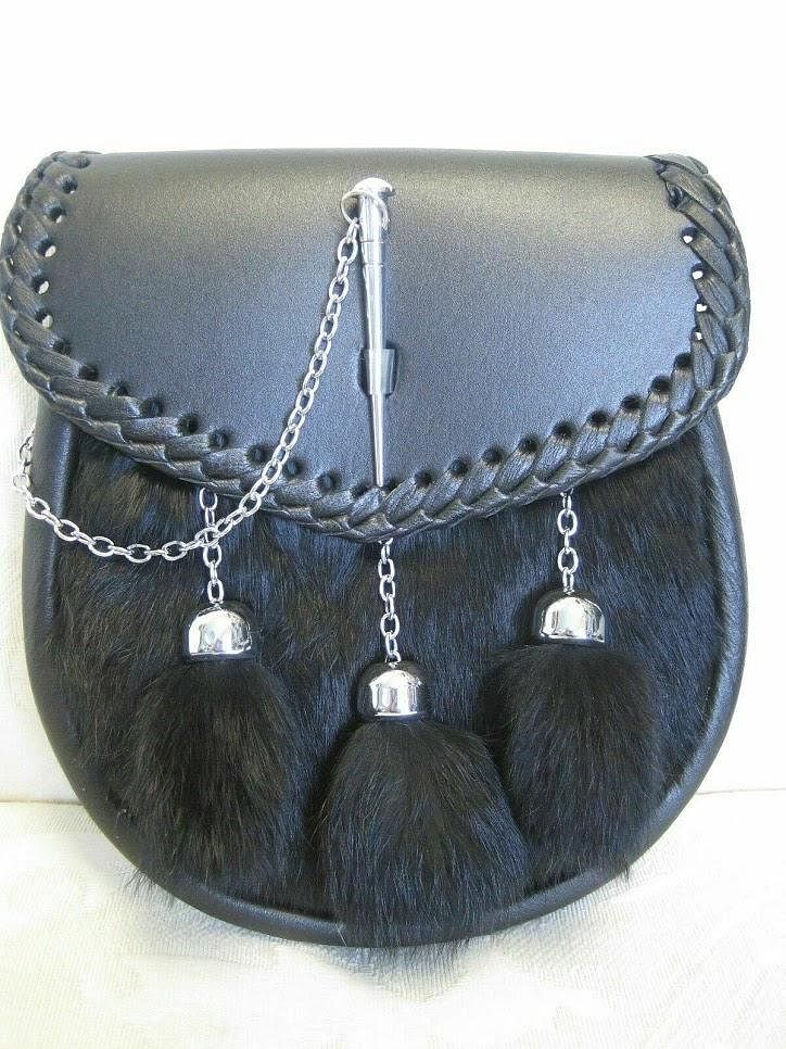 Scottish Men's Kilt Black Rabbit fur  Pin-Lock Semi-Dress Sporran Pin Closure