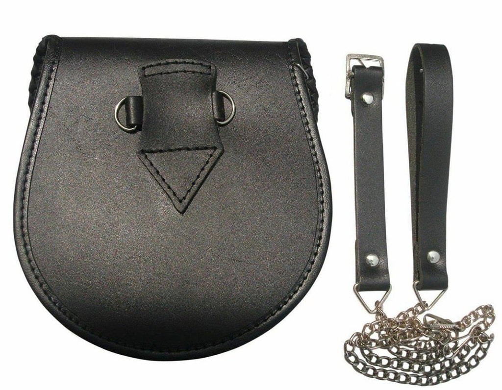 Semi Dress Black Leather Sporran Antique Thistle Emblem and Cross Tassels With Free Chain