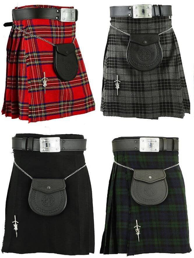 Scottish Men's Kilt Set Sporran, Chain,  Belt, Buckle, Pin Traditional Dress Tartan Kilt Set